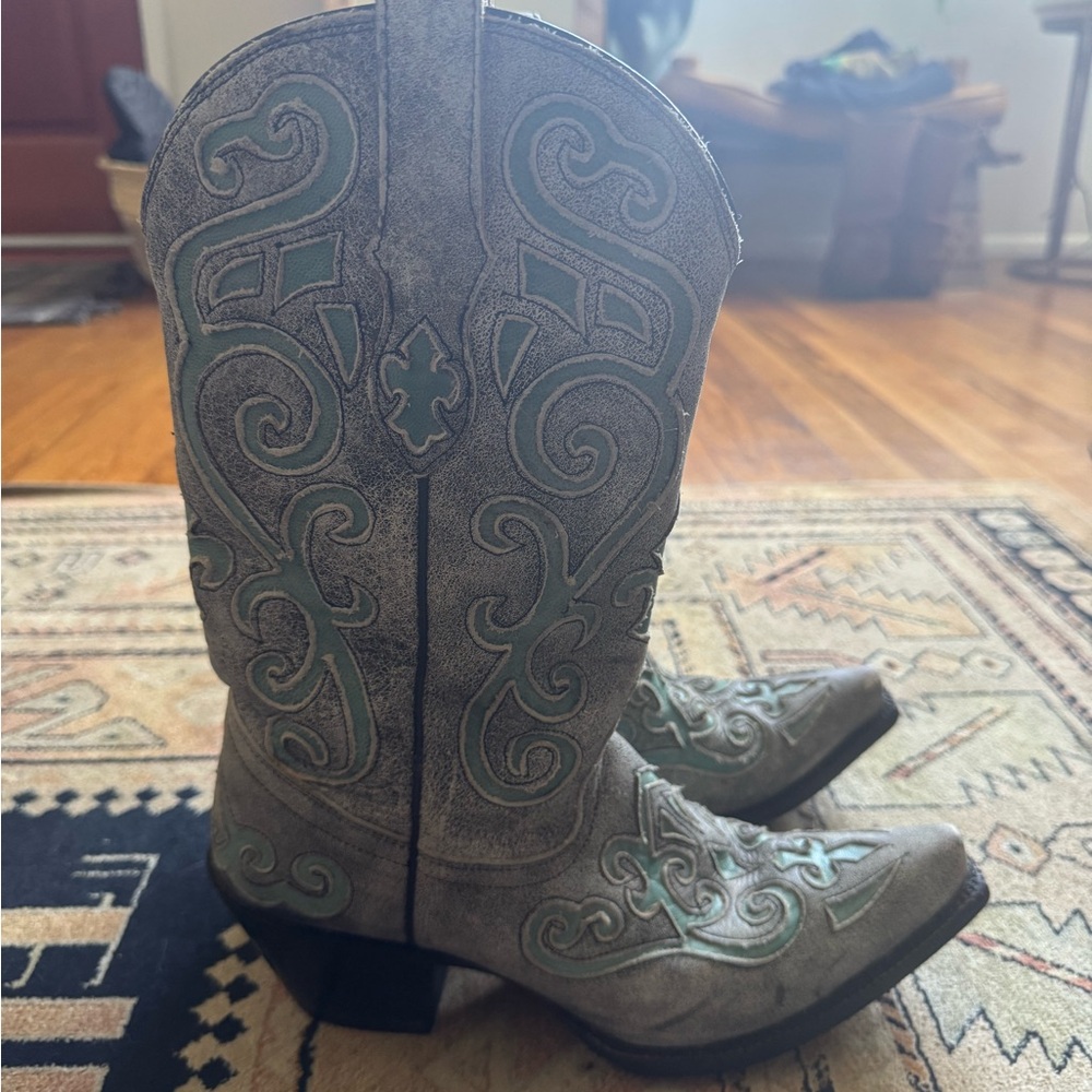 Gray and Green Western Boots